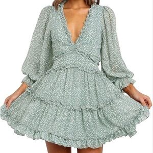 Long Sleeve Dress Deep V Neck Ruffle Layer Swing Mini Dresses Open Back